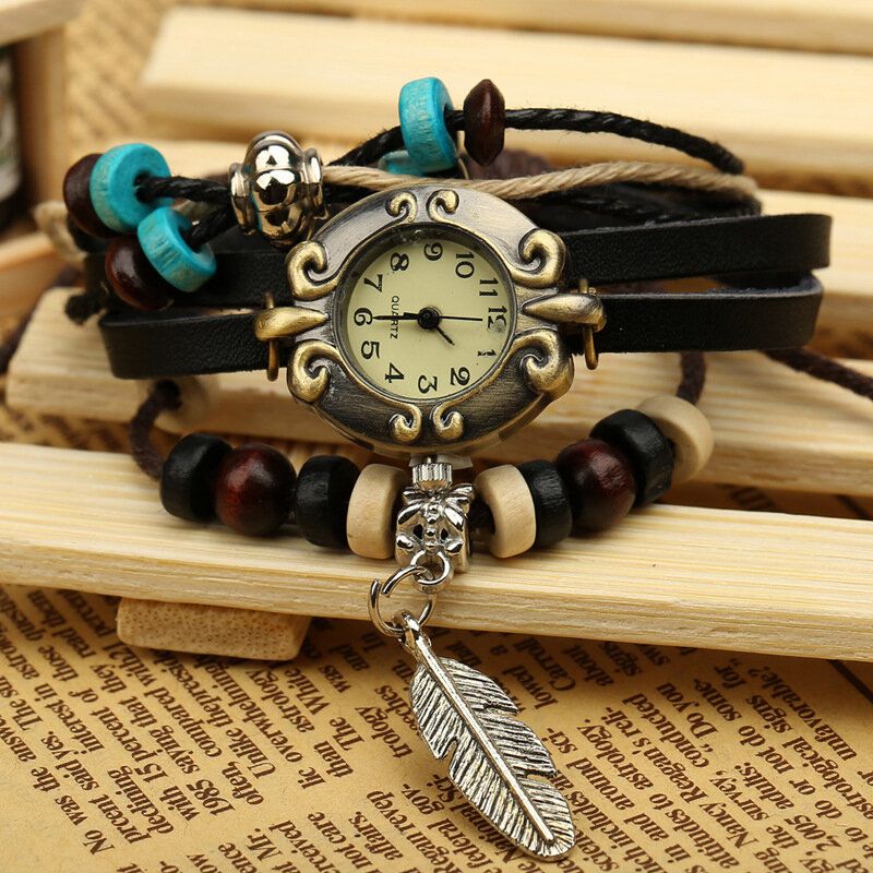 Deffrun Reloj De Pulsera De Banda De Cuero De Vaca Multicapa Reloj Colgante De Hoja Reloj De Cuarzo De Esfera Pequeña Para Mujer