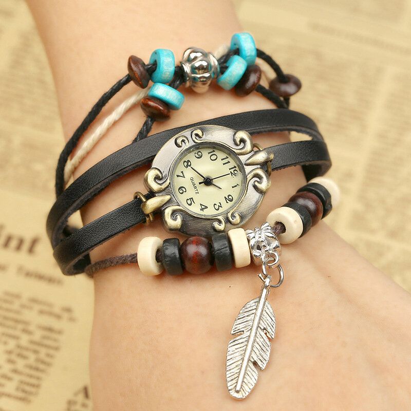 Deffrun Reloj De Pulsera De Banda De Cuero De Vaca Multicapa Reloj Colgante De Hoja Reloj De Cuarzo De Esfera Pequeña Para Mujer