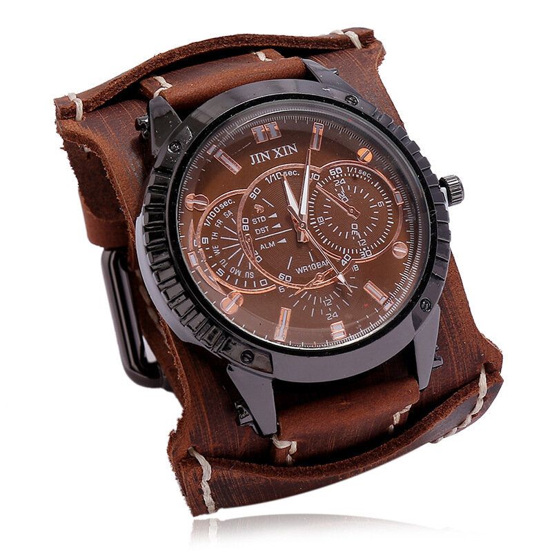 Deffrun Reloj De Pulsera De Cuero De Vaca Vintage Para Hombre Reloj De Cuarzo Decorativo De Tres Manos