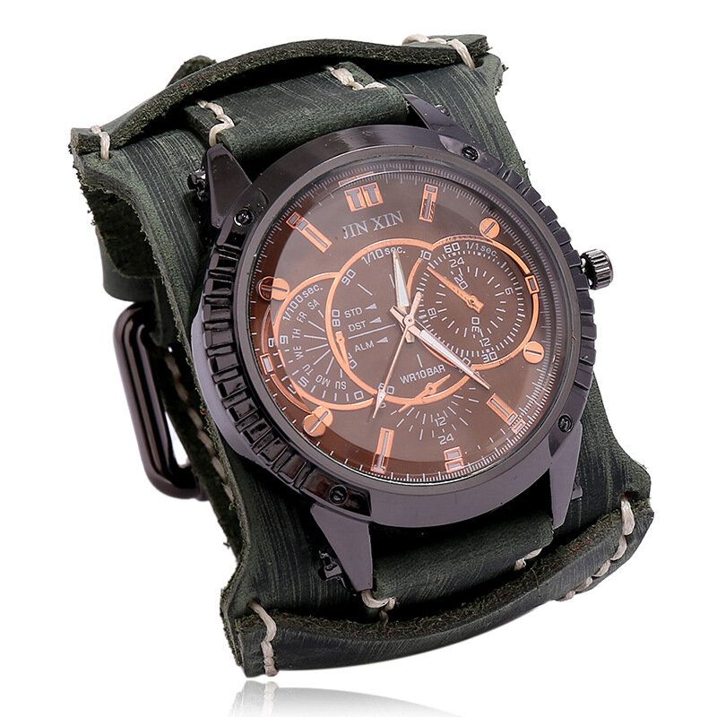 Deffrun Reloj De Pulsera De Cuero De Vaca Vintage Para Hombre Reloj De Cuarzo Decorativo De Tres Manos