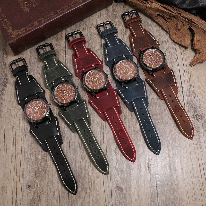 Deffrun Reloj De Pulsera De Cuero De Vaca Vintage Para Hombre Reloj De Cuarzo Decorativo De Tres Manos