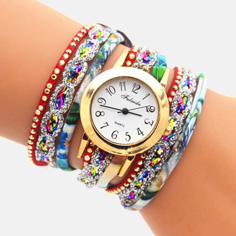 Deffrun Reloj De Pulsera De Mujer Con Estampado Colorido Vintage Reloj De Cuarzo Pu Con Diamantes De Imitación De Metal Multicapa