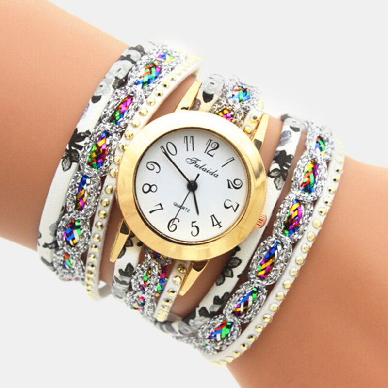 Deffrun Reloj De Pulsera De Mujer Con Estampado Colorido Vintage Reloj De Cuarzo Pu Con Diamantes De Imitación De Metal Multicapa