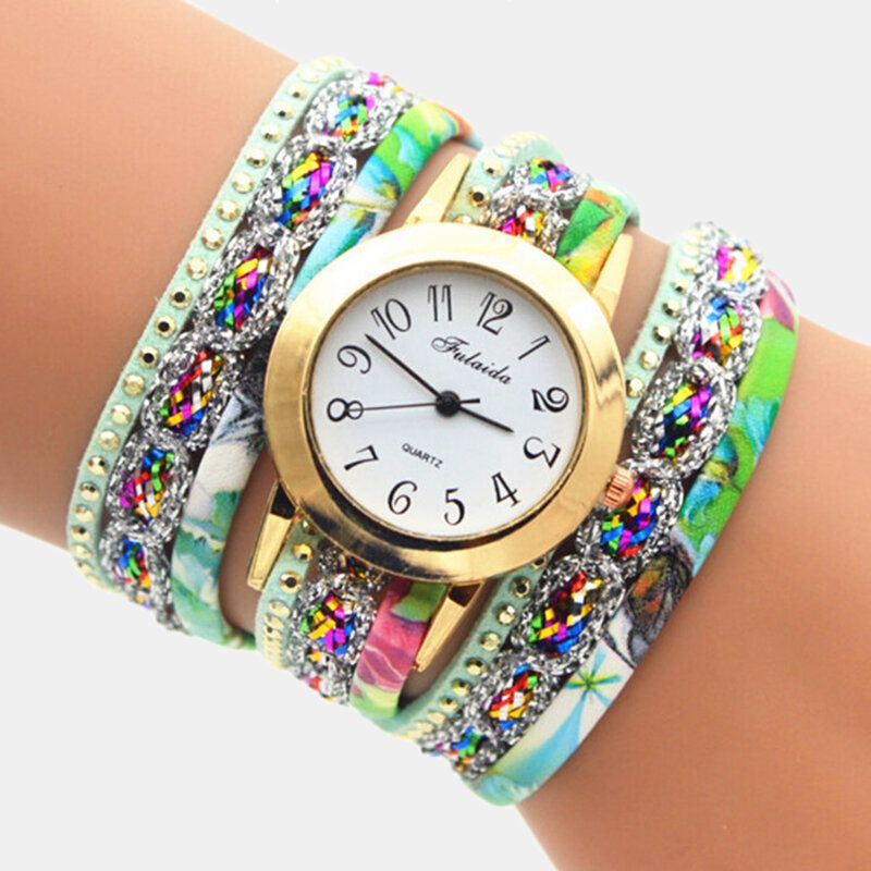 Deffrun Reloj De Pulsera De Mujer Con Estampado Colorido Vintage Reloj De Cuarzo Pu Con Diamantes De Imitación De Metal Multicapa