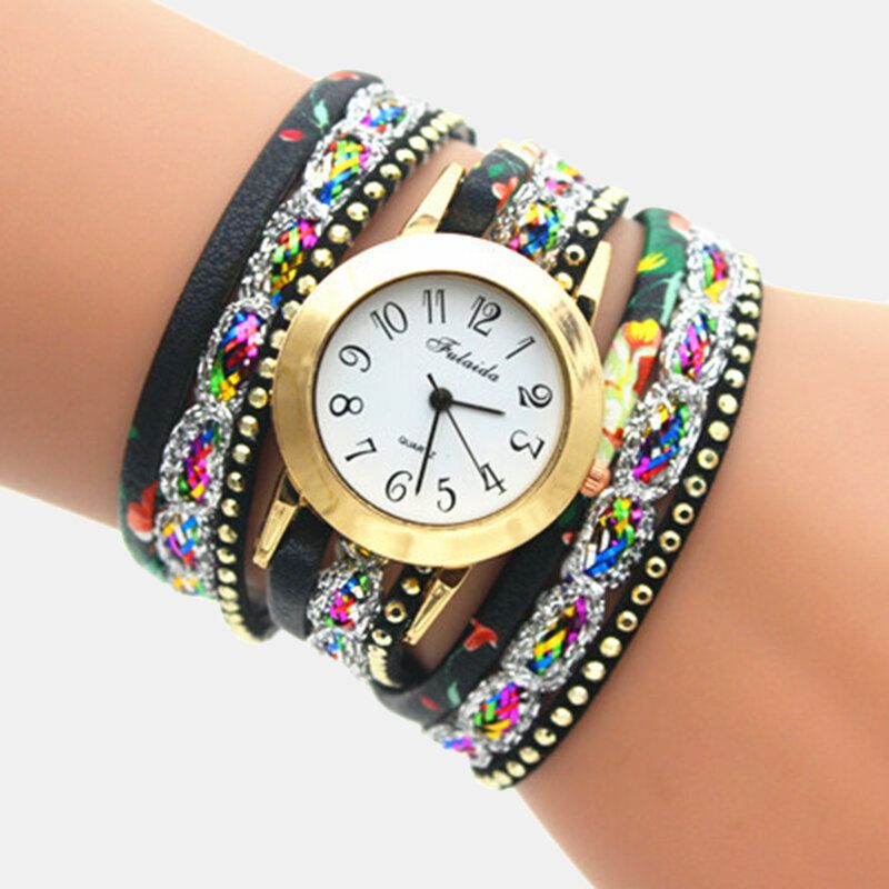 Deffrun Reloj De Pulsera De Mujer Con Estampado Colorido Vintage Reloj De Cuarzo Pu Con Diamantes De Imitación De Metal Multicapa