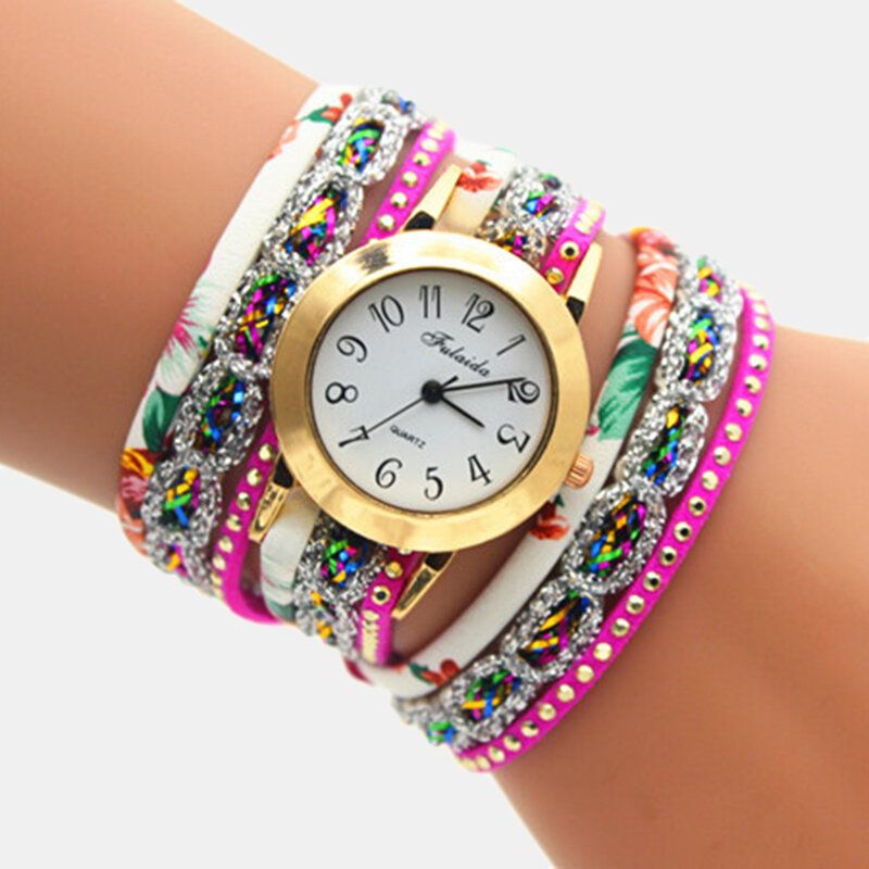 Deffrun Reloj De Pulsera De Mujer Con Estampado Colorido Vintage Reloj De Cuarzo Pu Con Diamantes De Imitación De Metal Multicapa