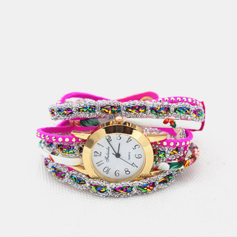 Deffrun Reloj De Pulsera De Mujer Con Estampado Colorido Vintage Reloj De Cuarzo Pu Con Diamantes De Imitación De Metal Multicapa