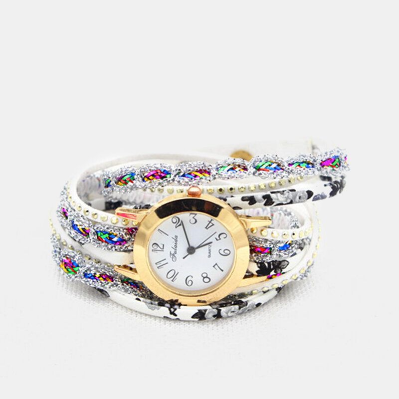 Deffrun Reloj De Pulsera De Mujer Con Estampado Colorido Vintage Reloj De Cuarzo Pu Con Diamantes De Imitación De Metal Multicapa