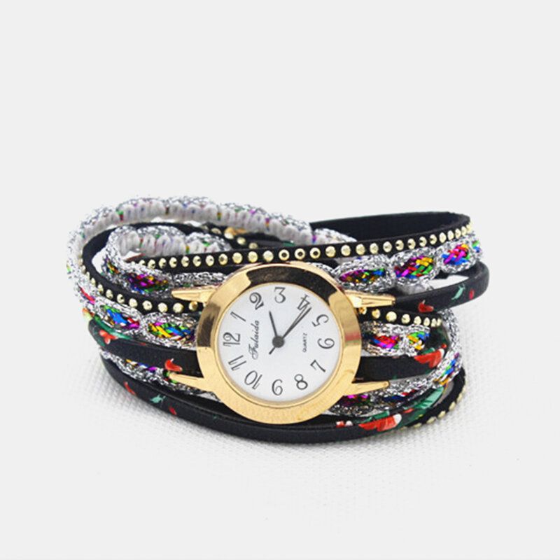 Deffrun Reloj De Pulsera De Mujer Con Estampado Colorido Vintage Reloj De Cuarzo Pu Con Diamantes De Imitación De Metal Multicapa