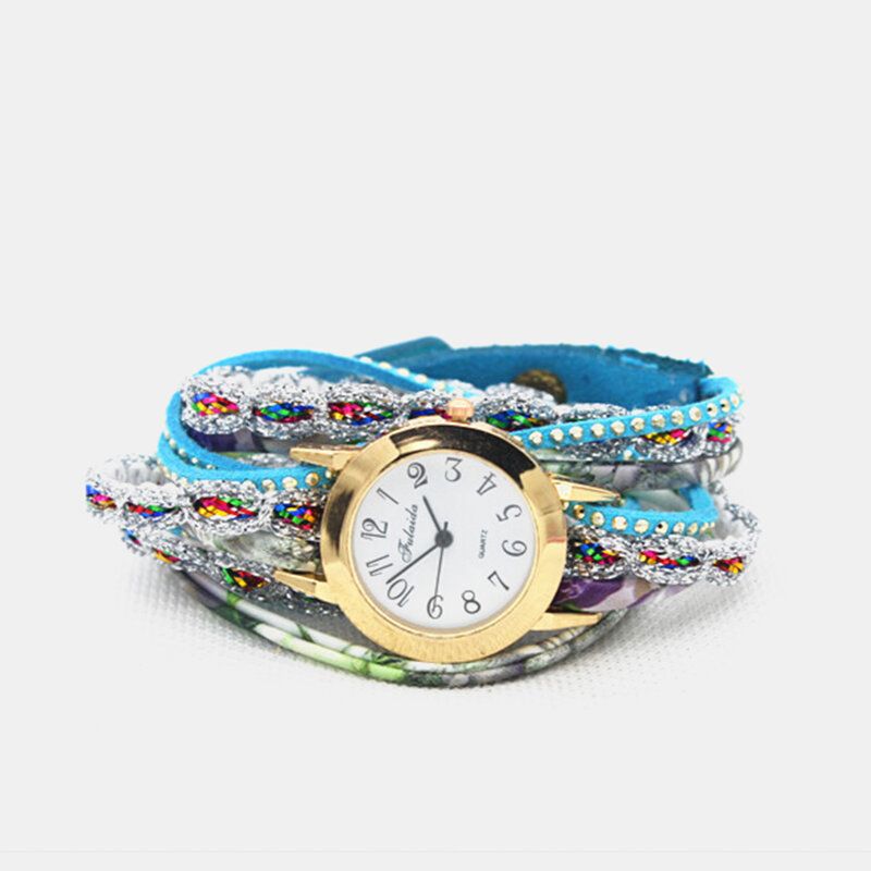 Deffrun Reloj De Pulsera De Mujer Con Estampado Colorido Vintage Reloj De Cuarzo Pu Con Diamantes De Imitación De Metal Multicapa