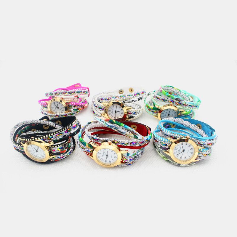 Deffrun Reloj De Pulsera De Mujer Con Estampado Colorido Vintage Reloj De Cuarzo Pu Con Diamantes De Imitación De Metal Multicapa