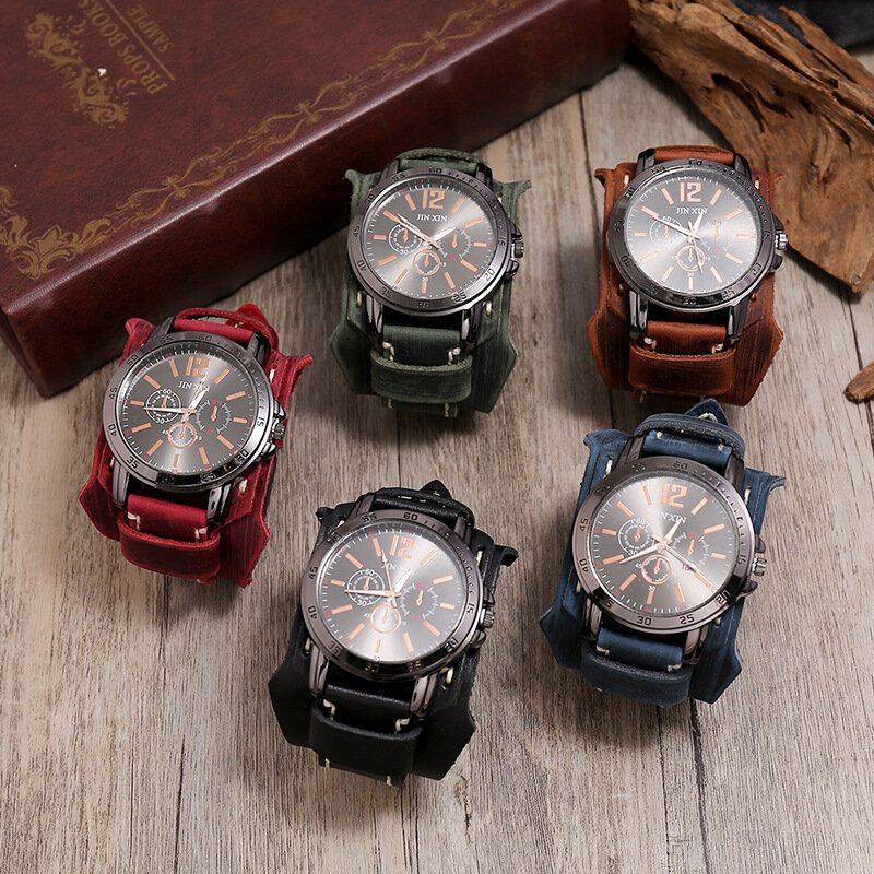 Deffrun Retro Style Decorativo Reloj De Cuarzo Con Tres Esferas Reloj De Pulsera Para Hombre Con Banda De Cuero De Piel De Vaca