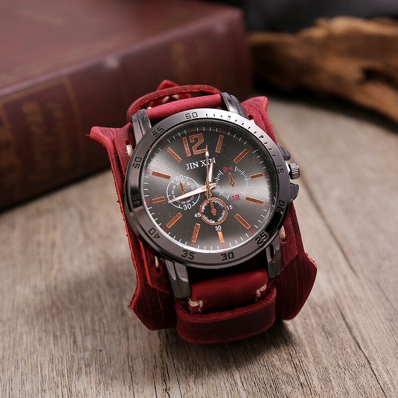 Deffrun Retro Style Decorativo Reloj De Cuarzo Con Tres Esferas Reloj De Pulsera Para Hombre Con Banda De Cuero De Piel De Vaca