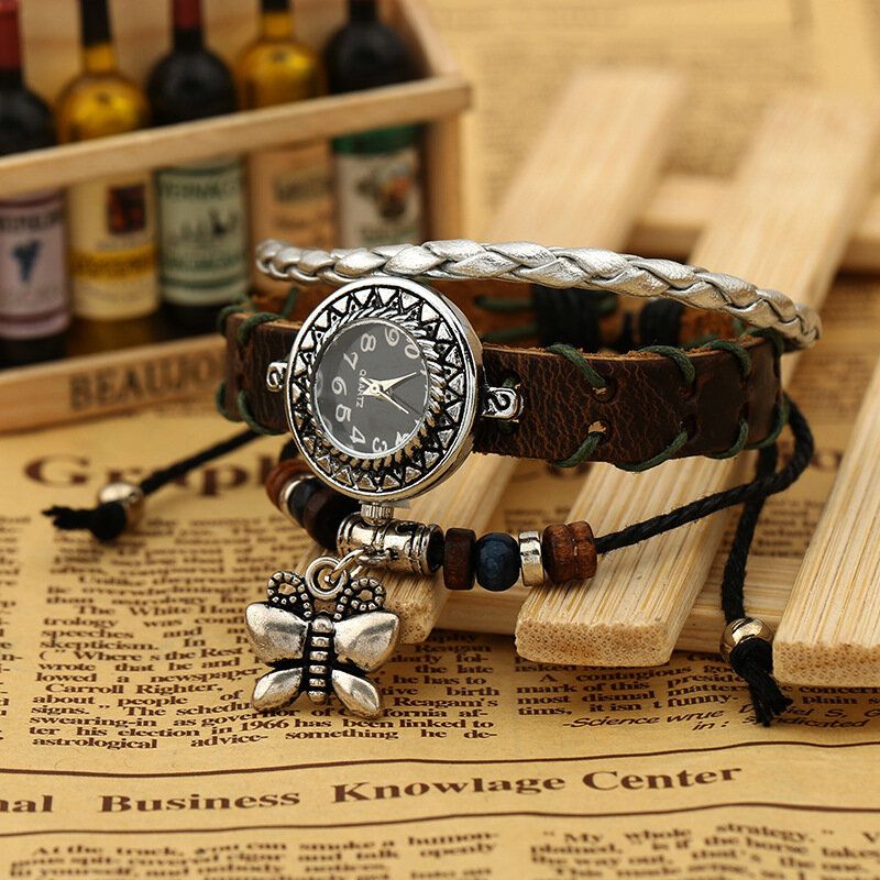 Deffrun Vintage Cow Leather Mujer Pulsera Reloj Mariposa Colgante Reloj De Cuarzo Con Esfera Pequeña