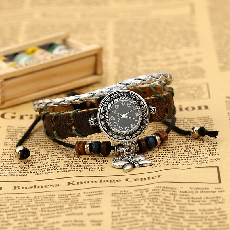 Deffrun Vintage Cow Leather Mujer Pulsera Reloj Mariposa Colgante Reloj De Cuarzo Con Esfera Pequeña