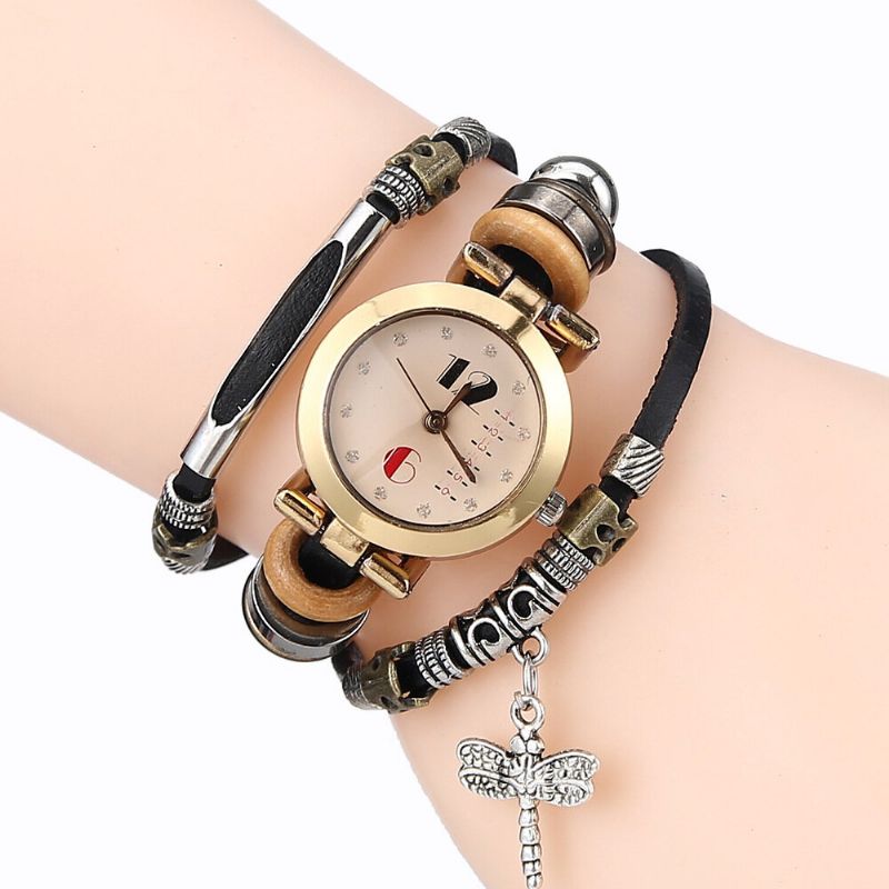 Deffrun Vintage Multicapa Mujer Pulsera Reloj Diamante Libélula Colgante Banda De Cuero Reloj De Cuarzo