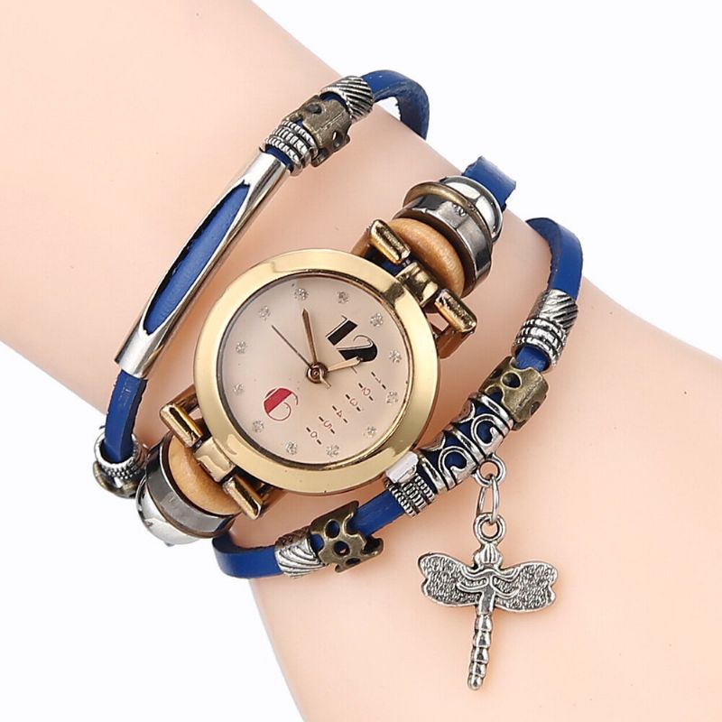 Deffrun Vintage Multicapa Mujer Pulsera Reloj Diamante Libélula Colgante Banda De Cuero Reloj De Cuarzo