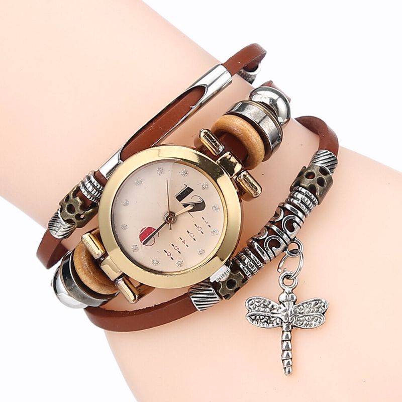 Deffrun Vintage Multicapa Mujer Pulsera Reloj Diamante Libélula Colgante Banda De Cuero Reloj De Cuarzo