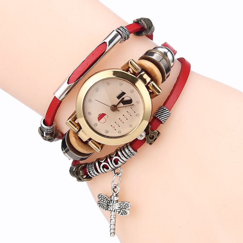 Deffrun Vintage Multicapa Mujer Pulsera Reloj Diamante Libélula Colgante Banda De Cuero Reloj De Cuarzo