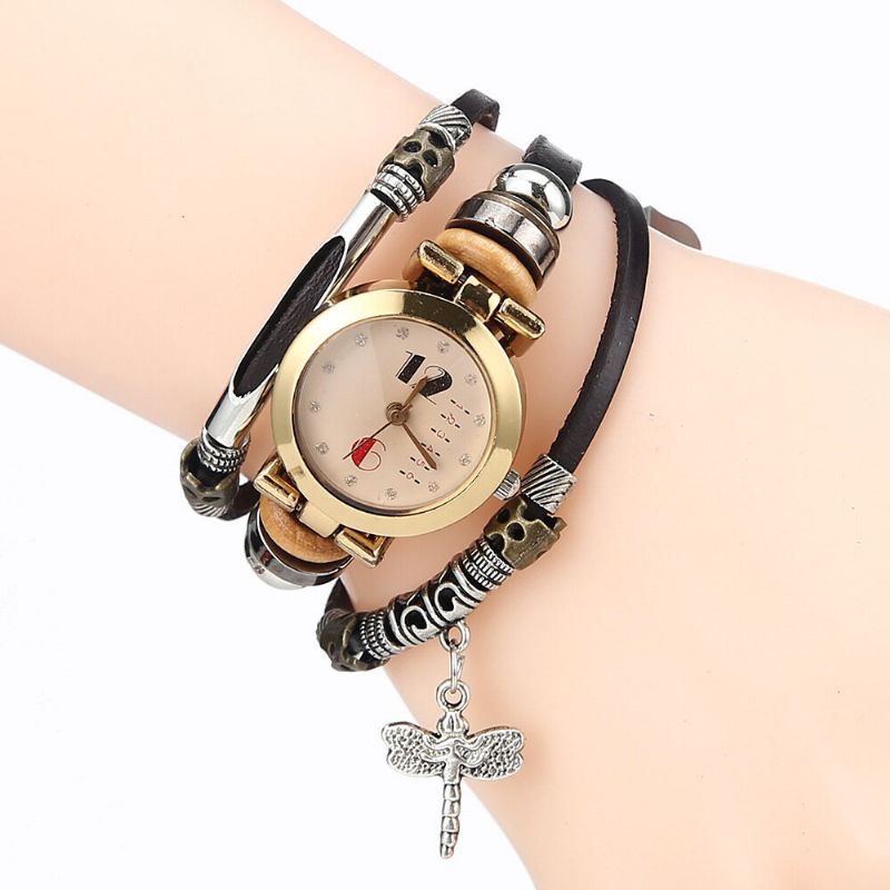 Deffrun Vintage Multicapa Mujer Pulsera Reloj Diamante Libélula Colgante Banda De Cuero Reloj De Cuarzo