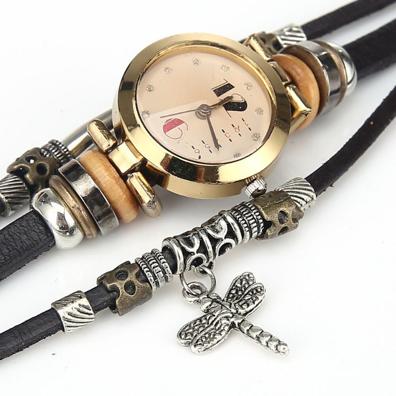 Deffrun Vintage Multicapa Mujer Pulsera Reloj Diamante Libélula Colgante Banda De Cuero Reloj De Cuarzo