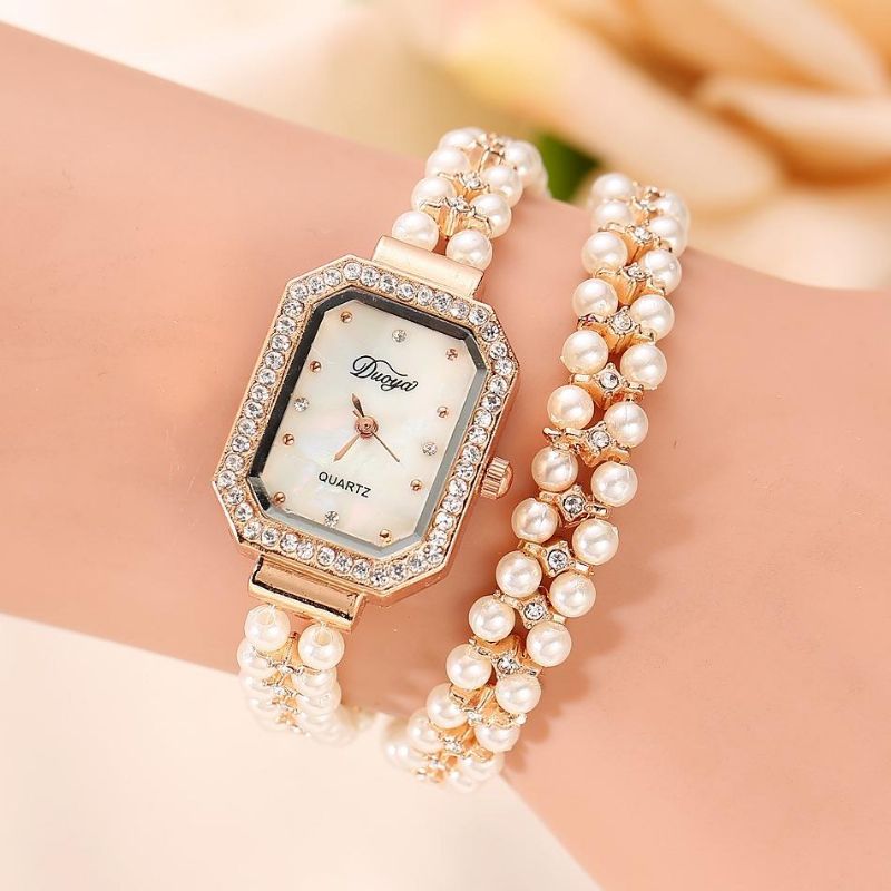 Duoya Pulsera De Perlas Para Mujer Reloj De Cuarzo Con Caja De Cristal Cuadrada Redonda