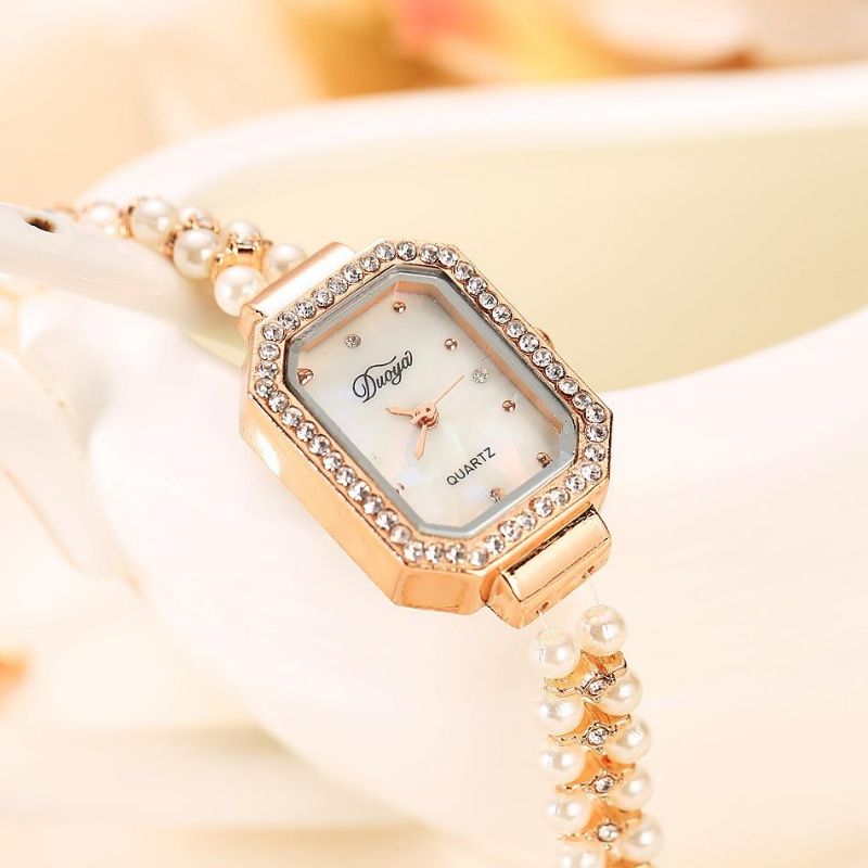 Duoya Pulsera De Perlas Para Mujer Reloj De Cuarzo Con Caja De Cristal Cuadrada Redonda