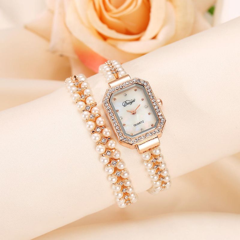 Duoya Pulsera De Perlas Para Mujer Reloj De Cuarzo Con Caja De Cristal Cuadrada Redonda