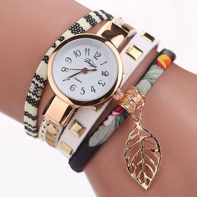 Dy066 Reloj De Pulsera Para Mujer Relojes De Cuarzo De Estilo Retro De Tela De Hoja