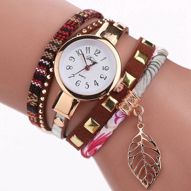 Dy066 Reloj De Pulsera Para Mujer Relojes De Cuarzo De Estilo Retro De Tela De Hoja