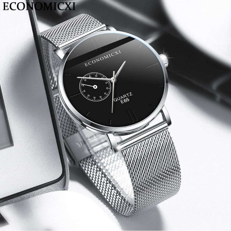 Economicxi E65 Reloj De Pulsera Ultradelgado De Estilo Informal Para Hombre Relojes De Cuarzo Con Banda De Acero Y Malla