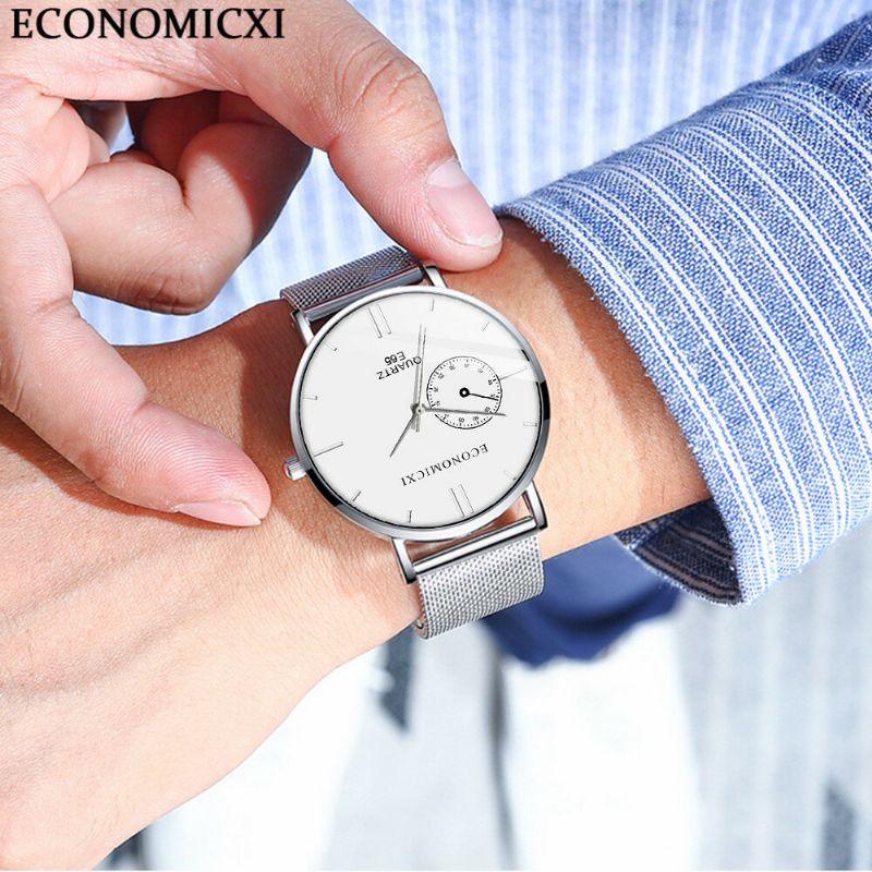 Economicxi E65 Reloj De Pulsera Ultradelgado De Estilo Informal Para Hombre Relojes De Cuarzo Con Banda De Acero Y Malla