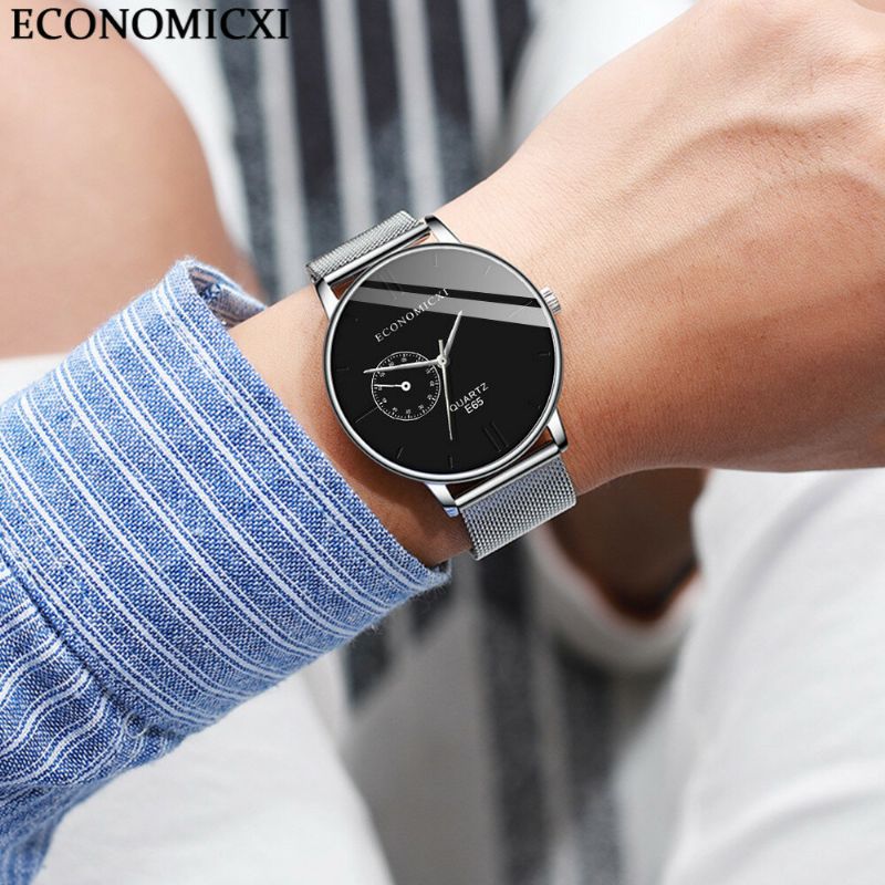 Economicxi E65 Reloj De Pulsera Ultradelgado De Estilo Informal Para Hombre Relojes De Cuarzo Con Banda De Acero Y Malla