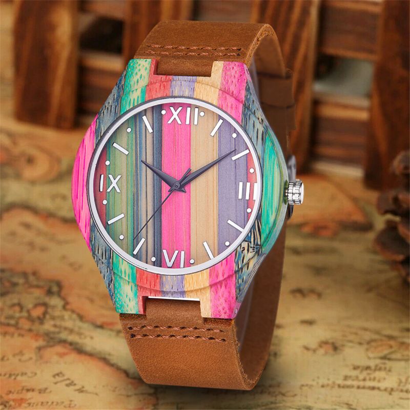 Estuche Colorido De Moda Dial Correa De Cuero Estilo Creativo Reloj Casual Para Hombres Reloj De Cuarzo