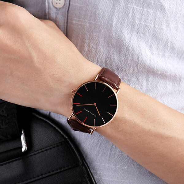 Fashion Business Sin Número Dial Correa De Cuero Ajustable Reloj De Cuarzo Impermeable Para Hombres