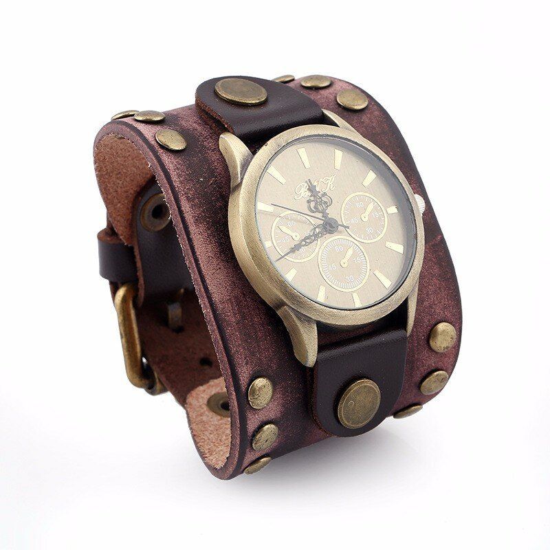 Fashion Punk Vintage De Cuero Genuino Para Hombres Reloj De Pulsera De Cuarzo