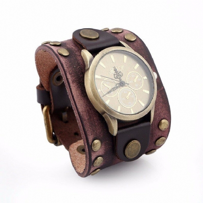 Fashion Punk Vintage De Cuero Genuino Para Hombres Reloj De Pulsera De Cuarzo