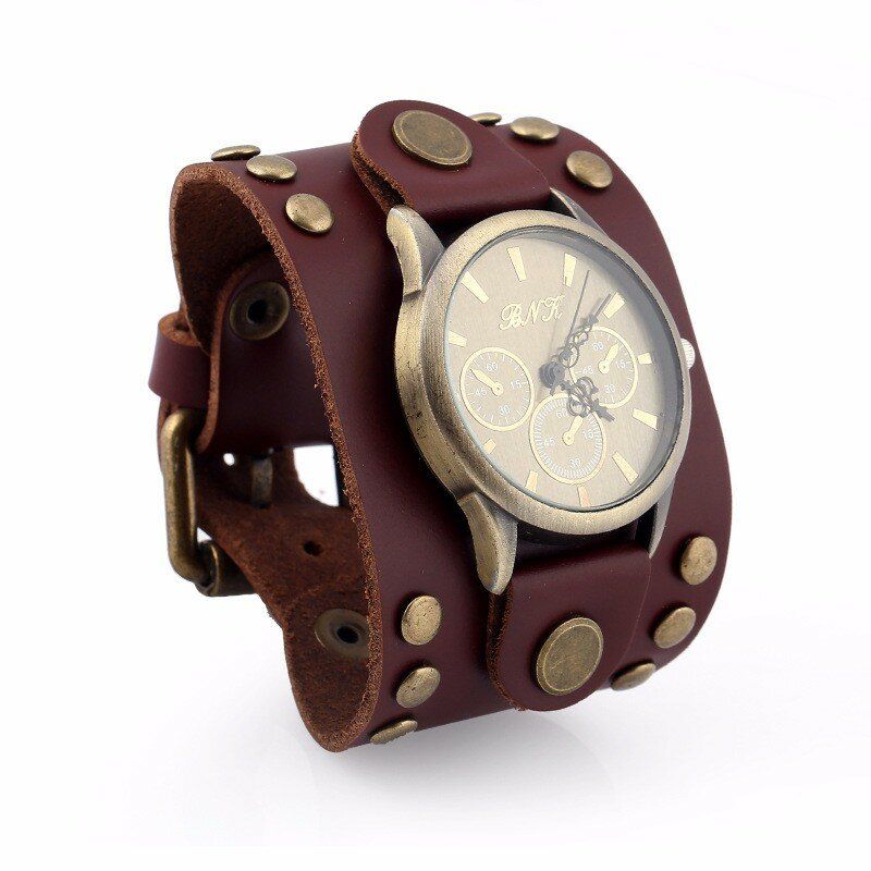 Fashion Punk Vintage De Cuero Genuino Para Hombres Reloj De Pulsera De Cuarzo