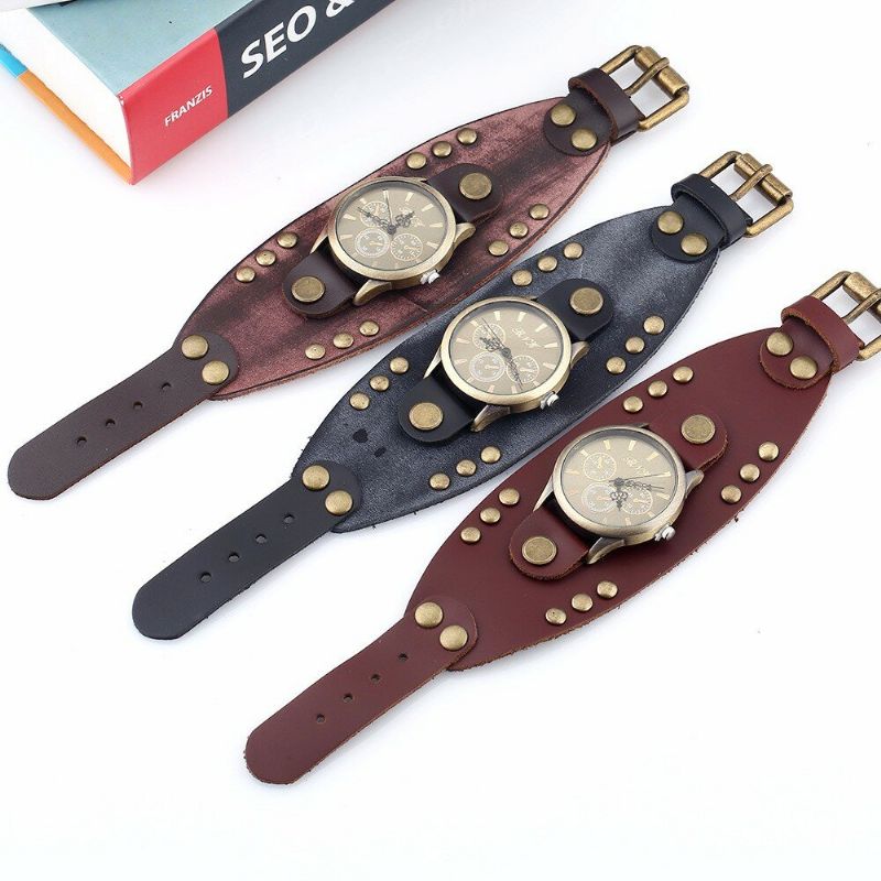 Fashion Punk Vintage De Cuero Genuino Para Hombres Reloj De Pulsera De Cuarzo