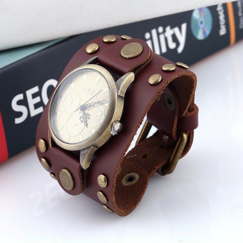 Fashion Punk Vintage De Cuero Genuino Para Hombres Reloj De Pulsera De Cuarzo