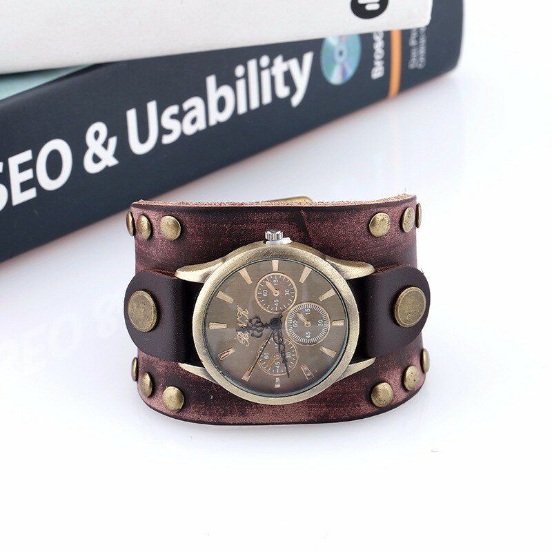 Fashion Punk Vintage De Cuero Genuino Para Hombres Reloj De Pulsera De Cuarzo