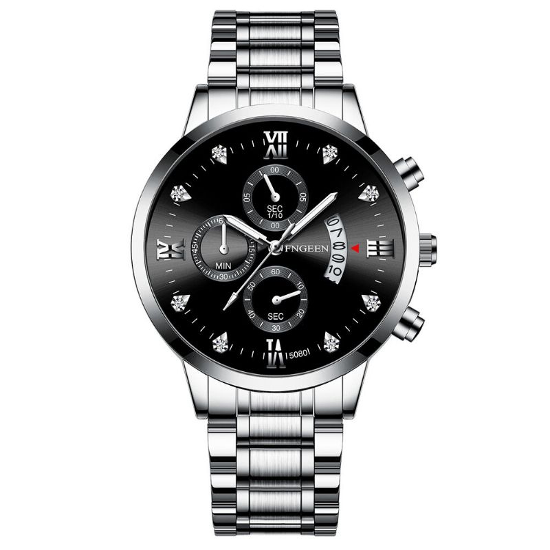 Fngeen 5080 Fashion Business Diamante Dial Luminoso Puntero Con Calendario Pantalla De Fecha Correa De Acero Reloj De Cuarzo Impermeable Para Hombres