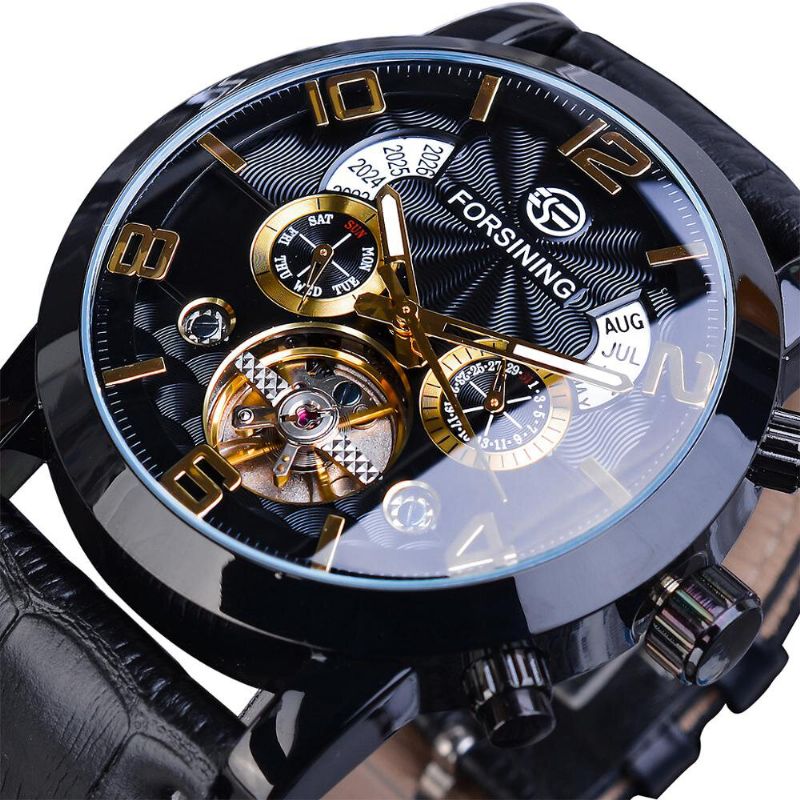 Forsining Gmt373 Reloj Automático Para Hombre De Moda Semana Año Reloj Mecánico Con Pantalla De Correa De Cuero Genuino