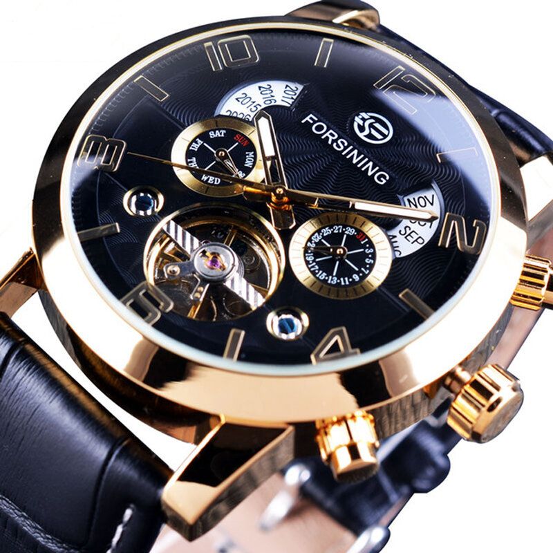 Forsining Gmt373 Reloj Automático Para Hombre De Moda Semana Año Reloj Mecánico Con Pantalla De Correa De Cuero Genuino