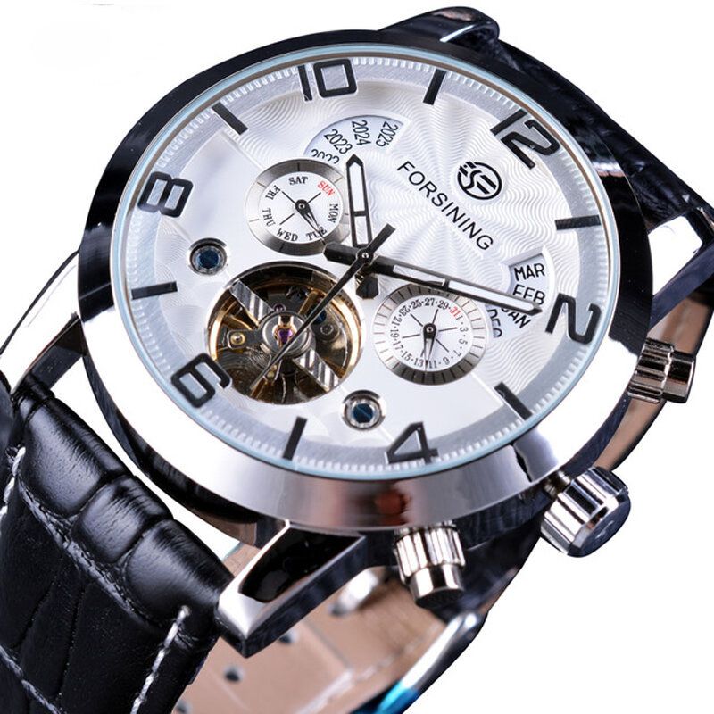 Forsining Gmt373 Reloj Automático Para Hombre De Moda Semana Año Reloj Mecánico Con Pantalla De Correa De Cuero Genuino