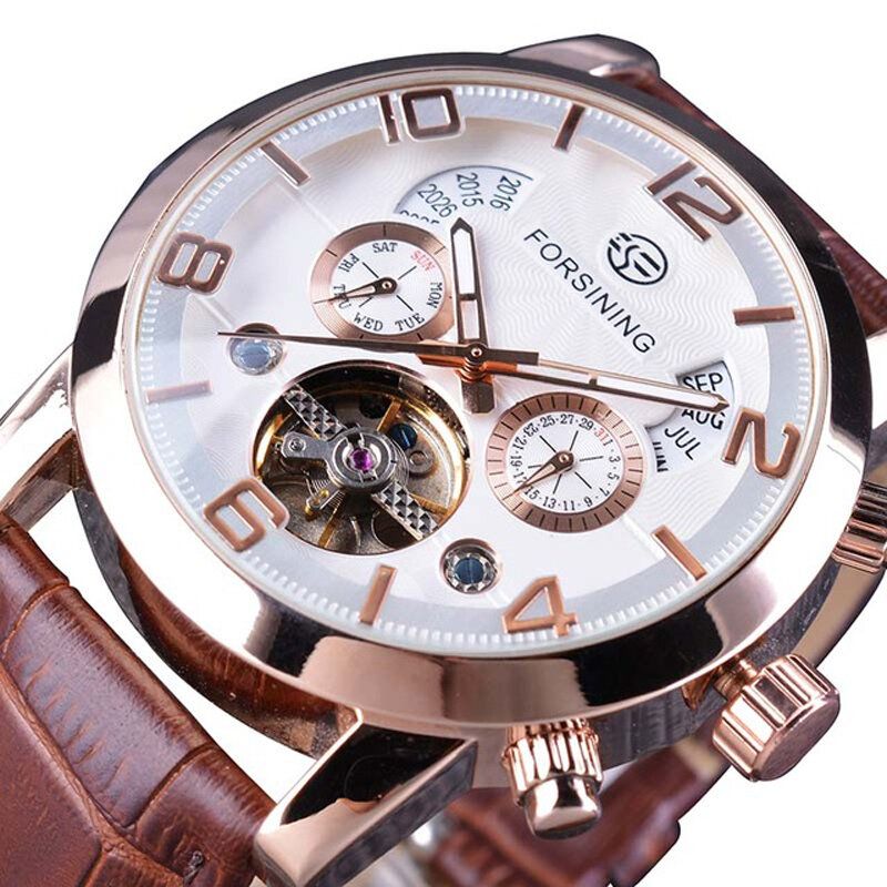 Forsining Gmt373 Reloj Automático Para Hombre De Moda Semana Año Reloj Mecánico Con Pantalla De Correa De Cuero Genuino