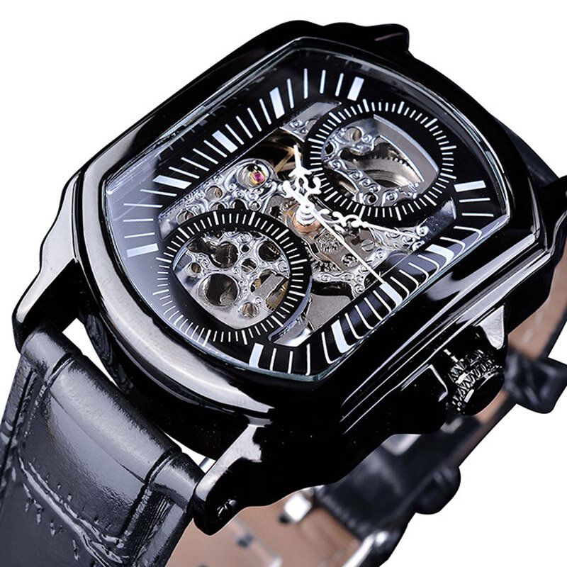 Forsining Gmt911 Reloj De Moda Para Hombre Reloj Mecánico Con Correa De Cuero Con Diseño De Grabado Hueco