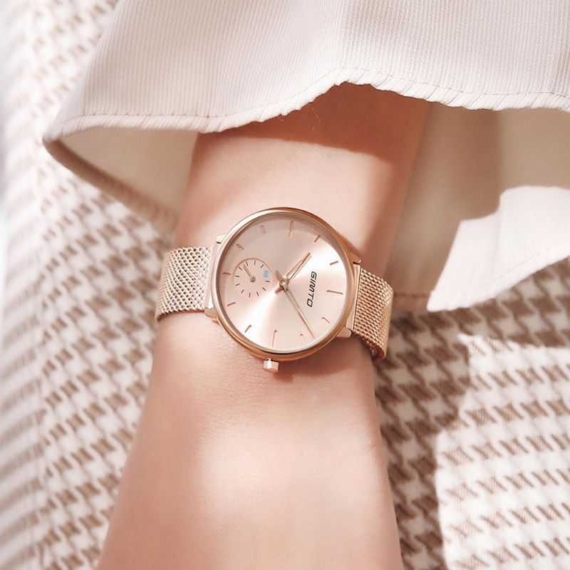 Gimto Gm270 Diseño Simple De Dos Pines Dial Correa De Acero De Malla De Oro Rosa Reloj De Cuarzo Para Mujer De Moda