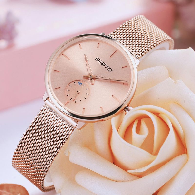 Gimto Gm270 Diseño Simple De Dos Pines Dial Correa De Acero De Malla De Oro Rosa Reloj De Cuarzo Para Mujer De Moda