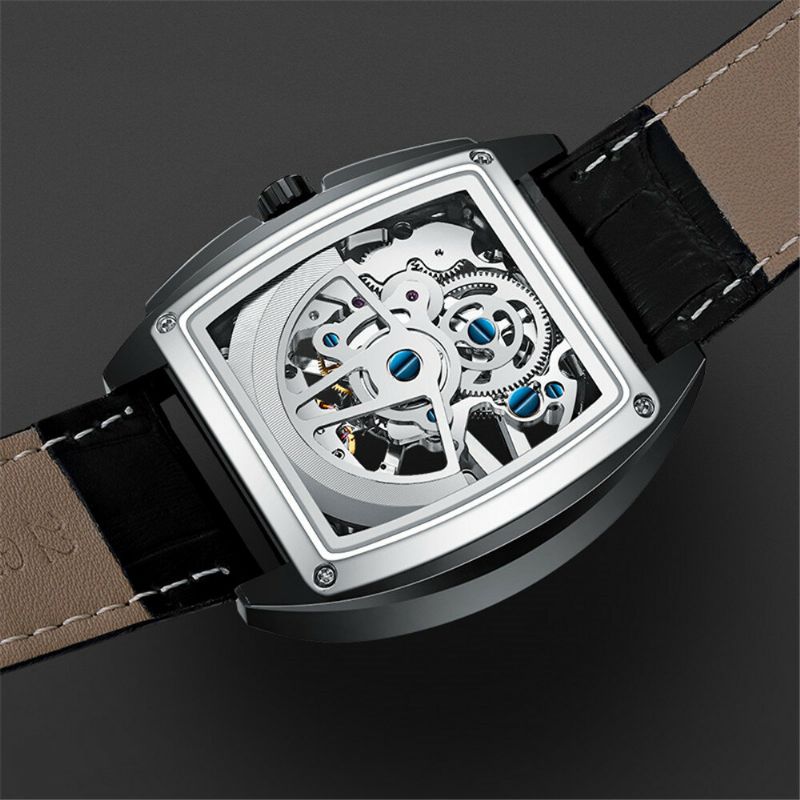 Gj16147 Rectángulo Estilo Creativo Reloj De Pulsera Para Hombre Banda De Cuero Genuino Reloj Mecánico Automático